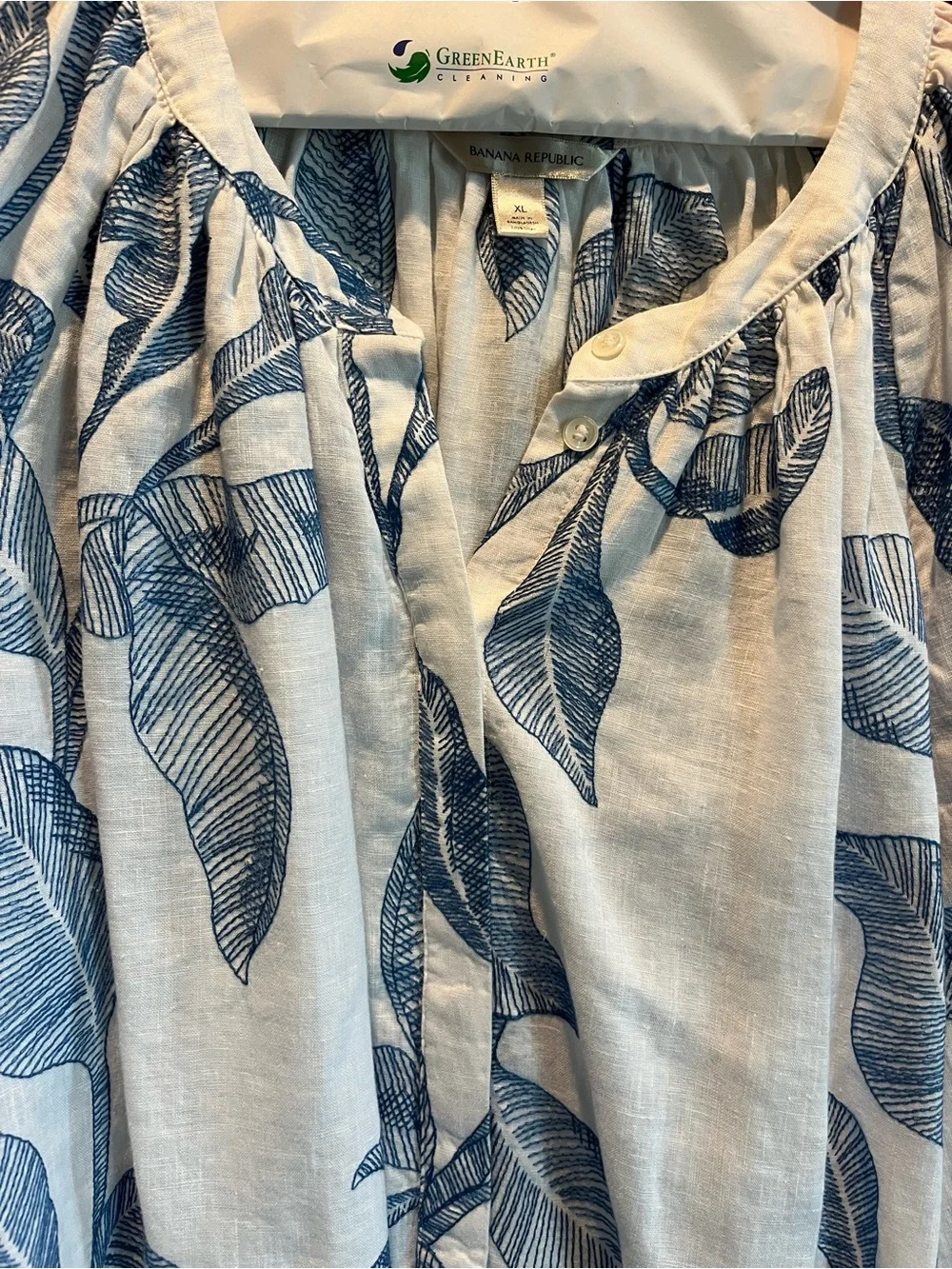 Banana Republic White Blue Leaf Print Linen Boho Peasant Blouse Top Size XL